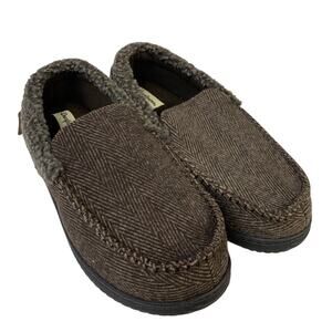 New In Box Dearfoams Mens Medium 9/10 Brown Tweed Memory Foam Washable Slippers